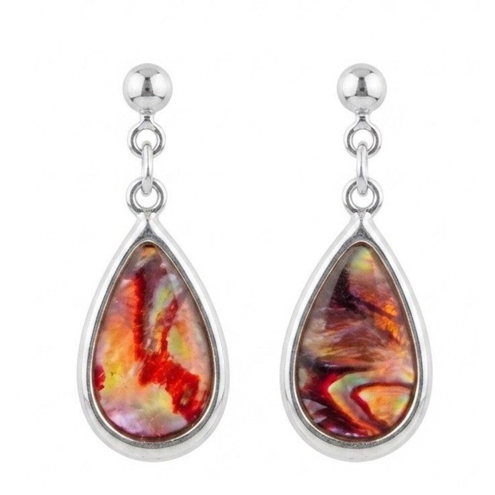 Ammolite Earrings – Red/Orange Color Changers, Teardrop Shape
